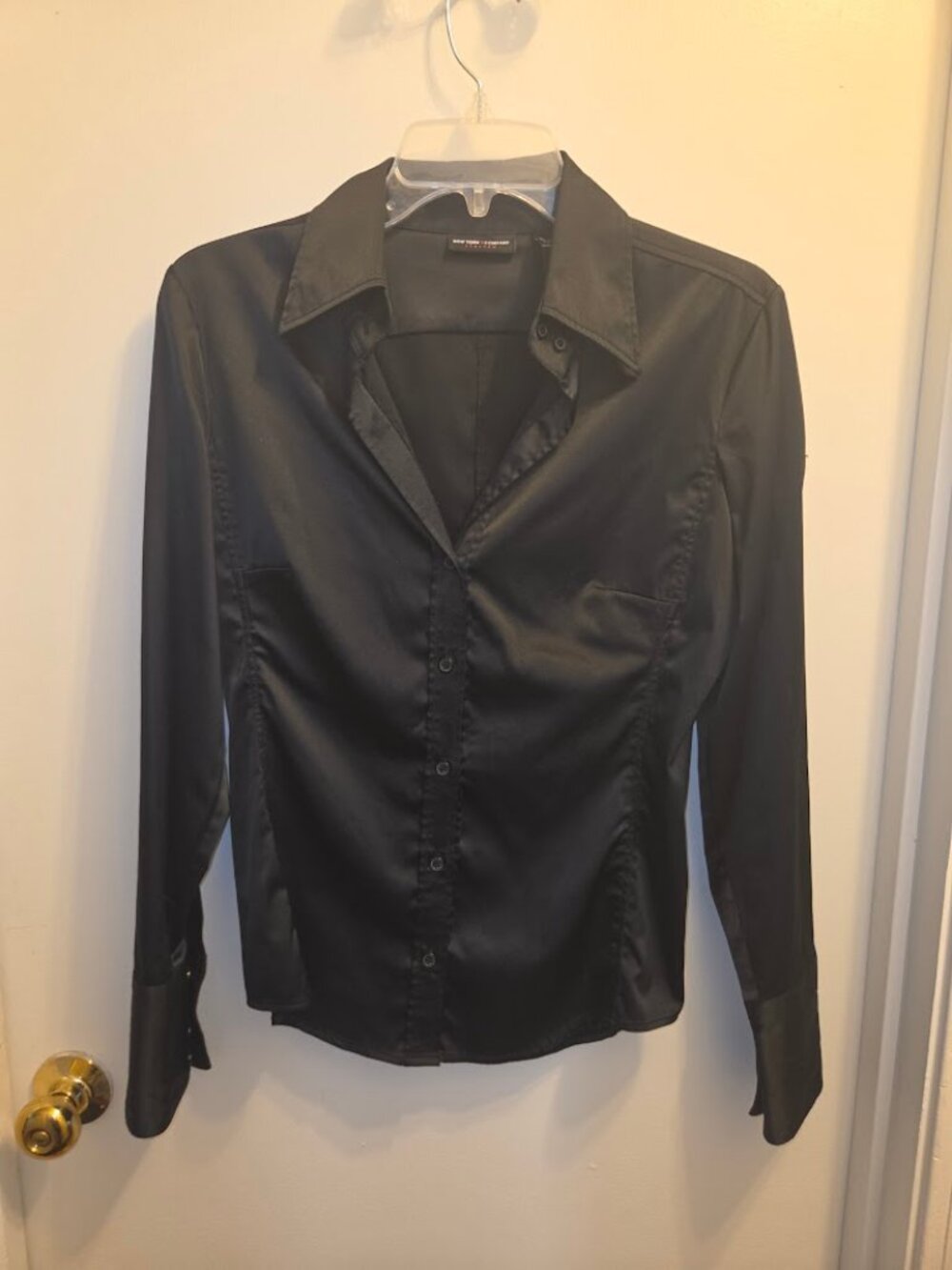 New York & Co Women's Black Button Down Fitted Dress Long Sleeve Shirt Size S